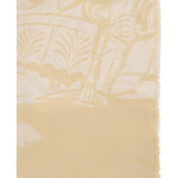 Close up of tan scarf, showing texture of the wool fabric