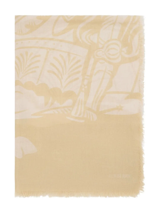 Close up of tan scarf, showing texture of the wool fabric