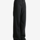 Black pants worn by a person, showing the pant's fit