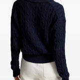 Navy knitwear worn by a person, showing the knitwear fit