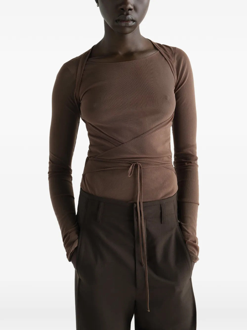 Brown top, full body view
