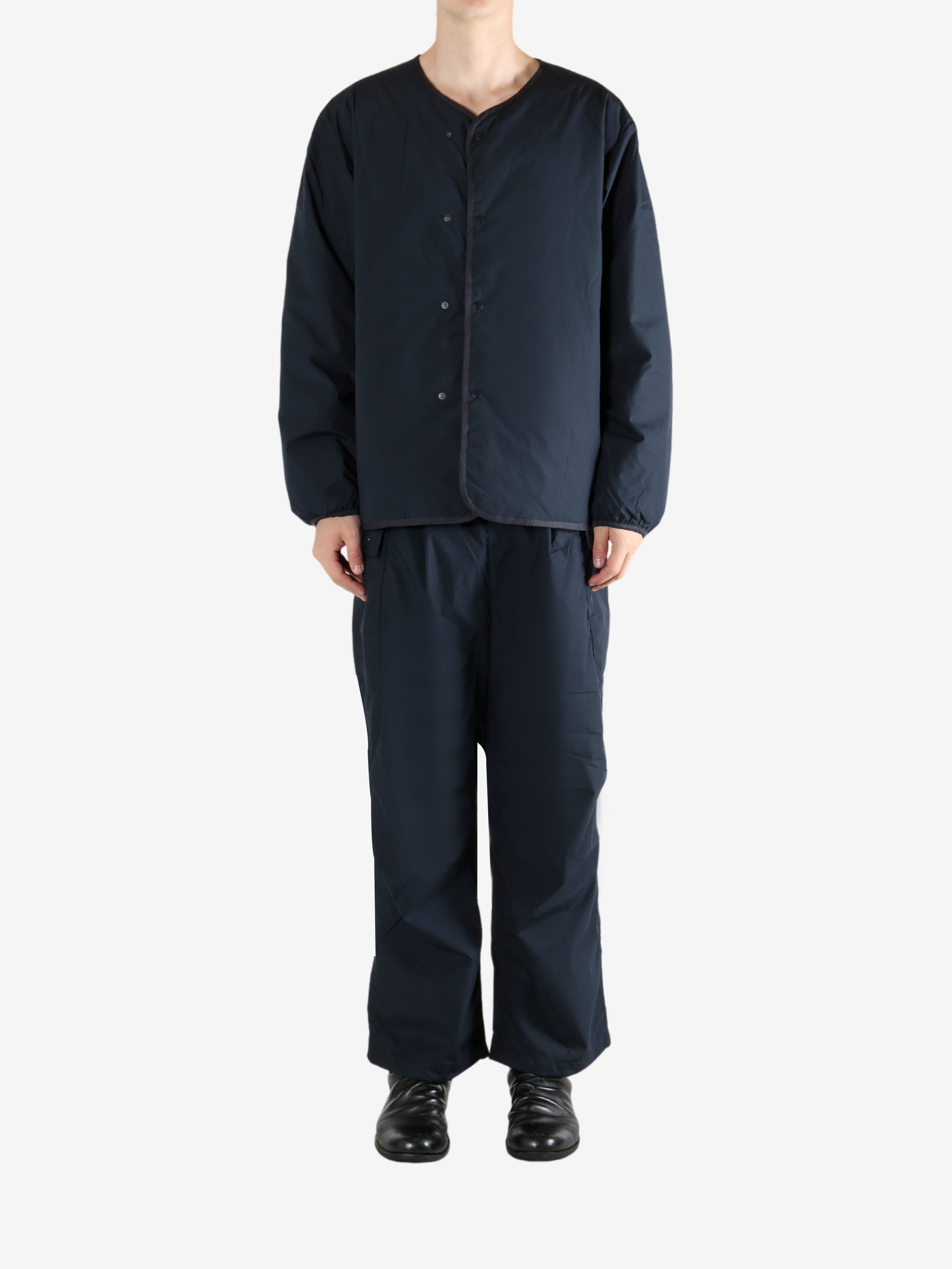 Navy cardigan, full body view