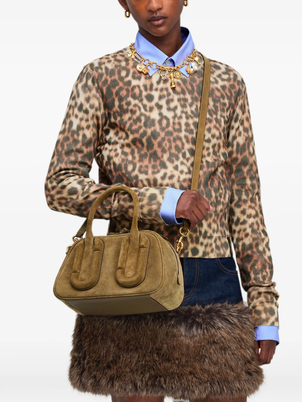 Tan bag worn by a person, showing the bag fit