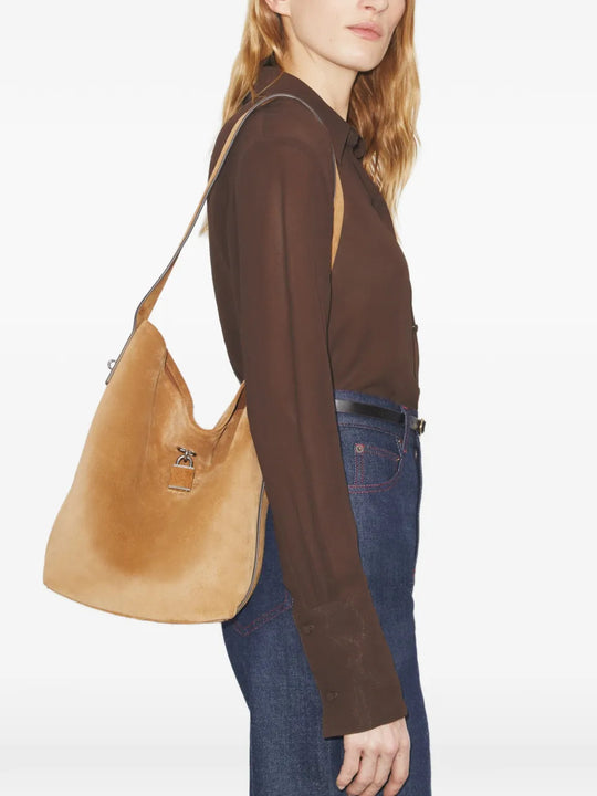 Tan bag, full body view