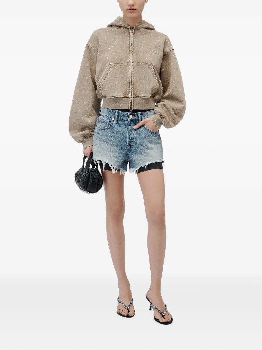 Tan hoodie, full body view