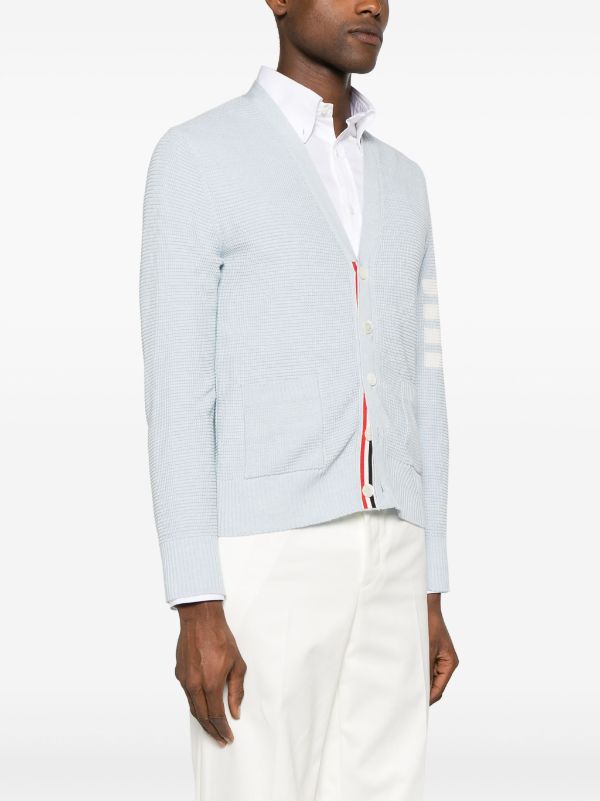 THOM BROWNE Men Textured Stitch Relaxed Fit V Neck Cardigan In Linen Cotton Blend W/4 Bar Stripes Intarsia