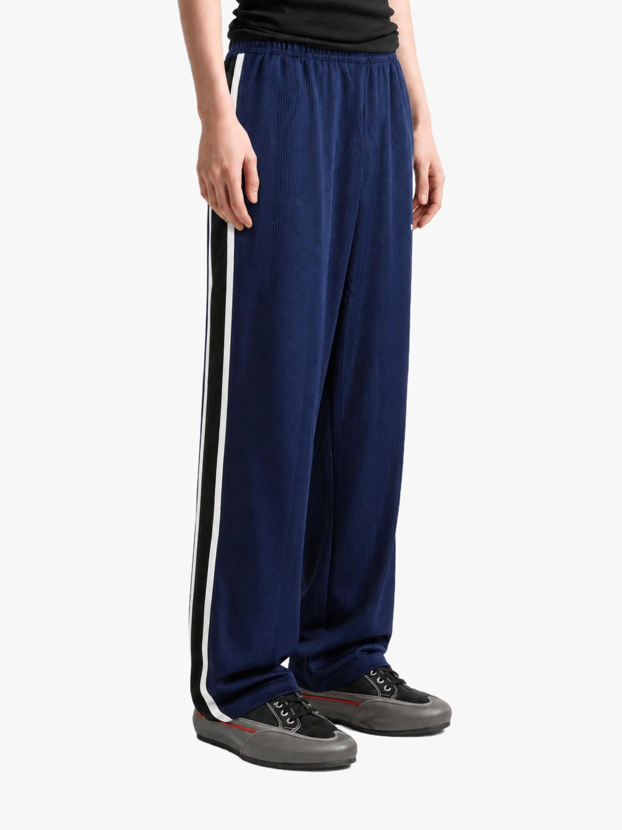Navy pants, full body view