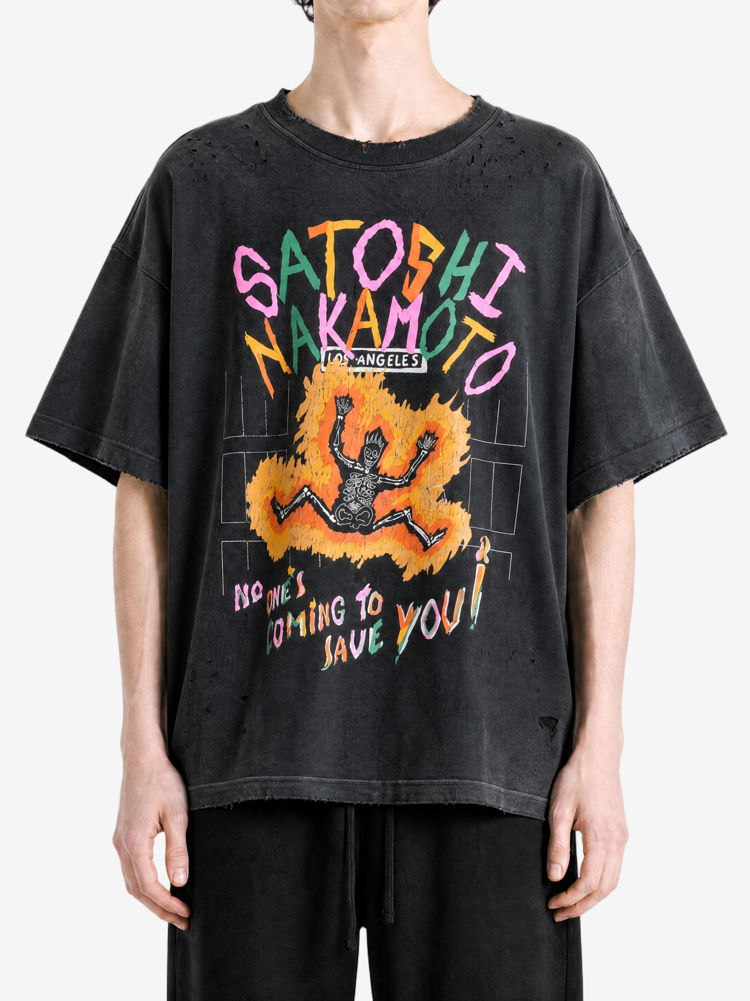 Black t-shirt, full body view