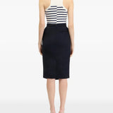 Navy top, full body view