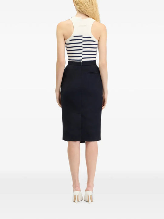 Navy top, full body view