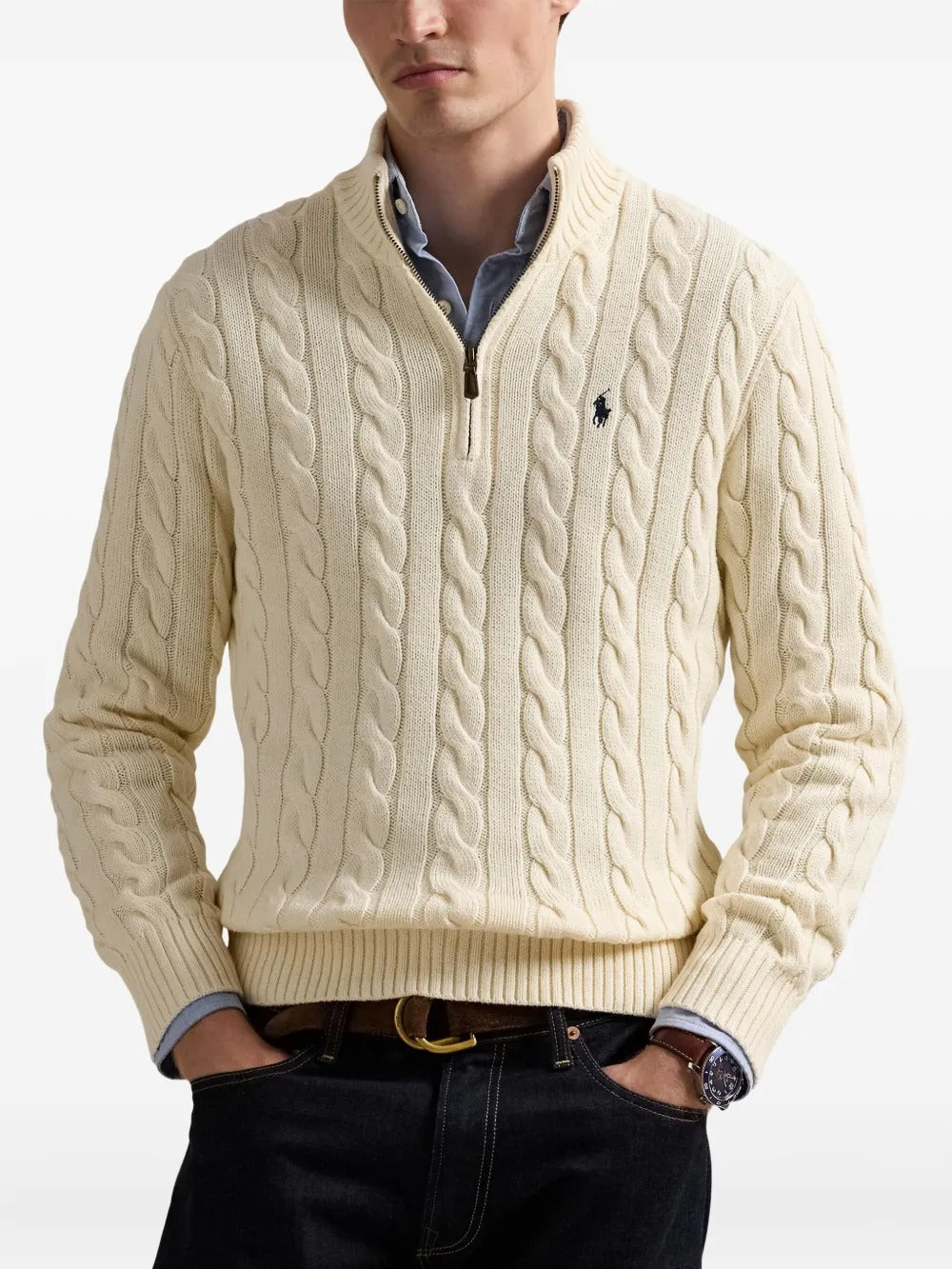 Creme sweater worn by a person, showing the sweater's fit