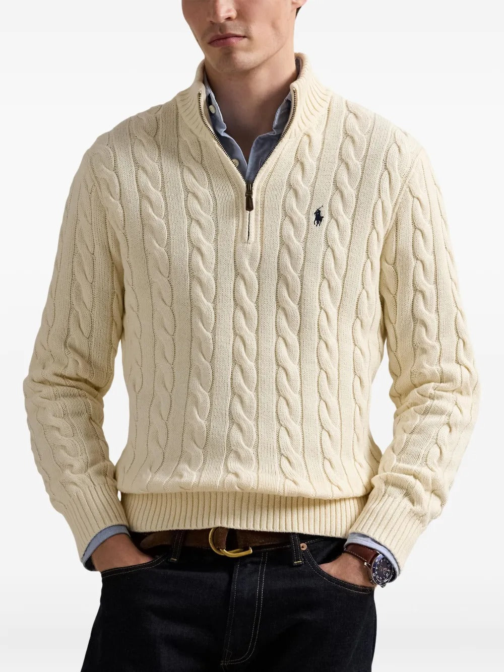 Creme sweater worn by a person, showing the sweater's fit
