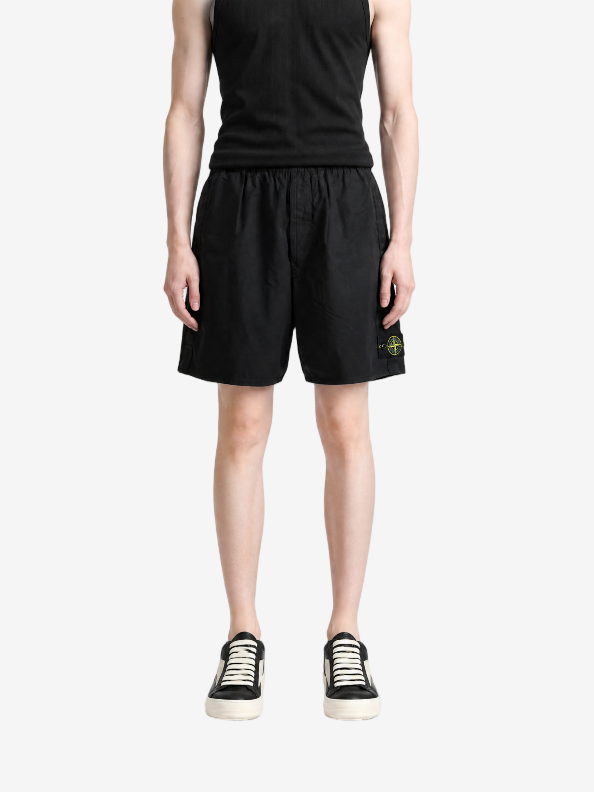 Black shorts, full body view