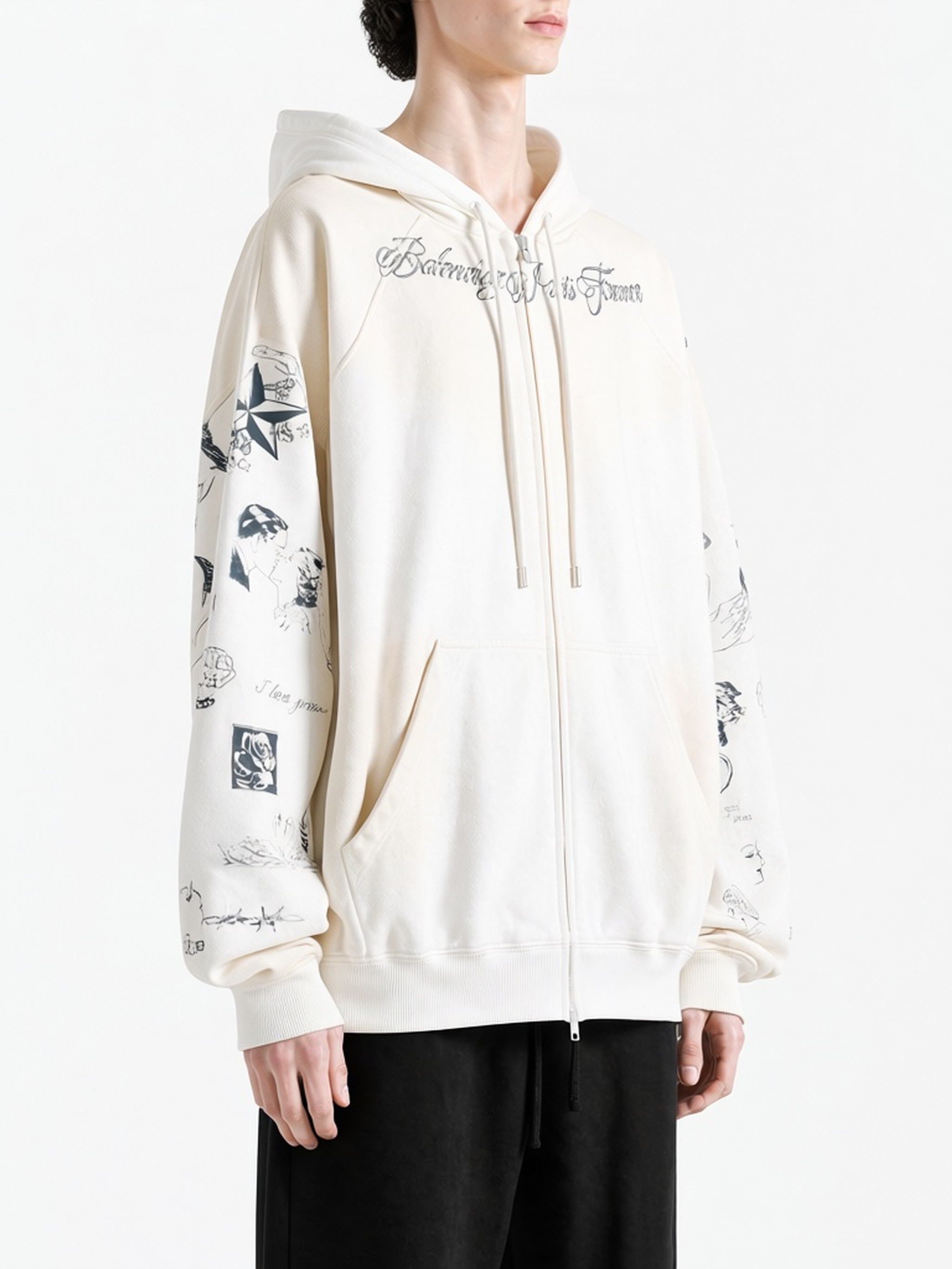White hoodie, full body view