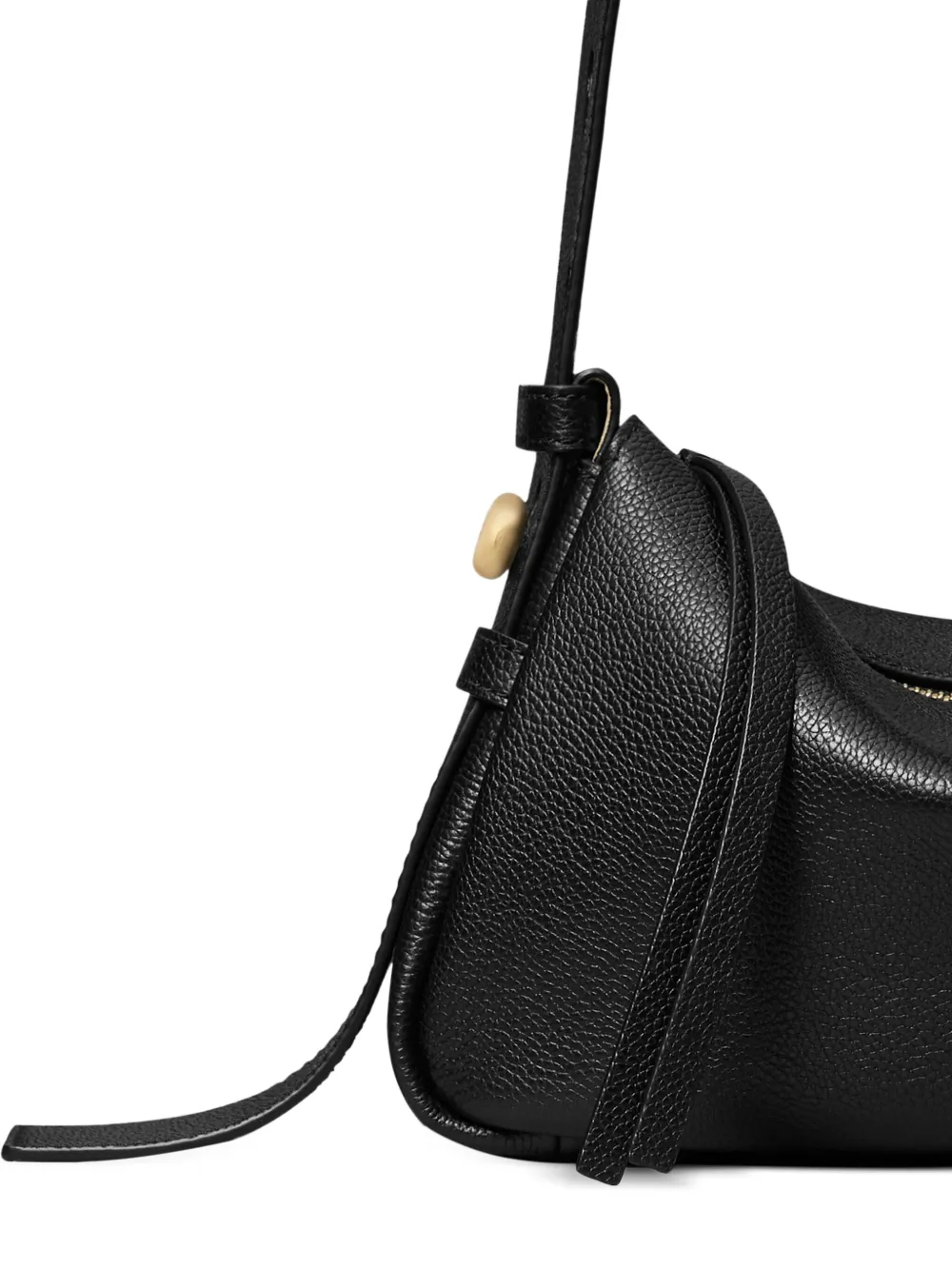 Close up of black bag, showing texture of the leather fabric