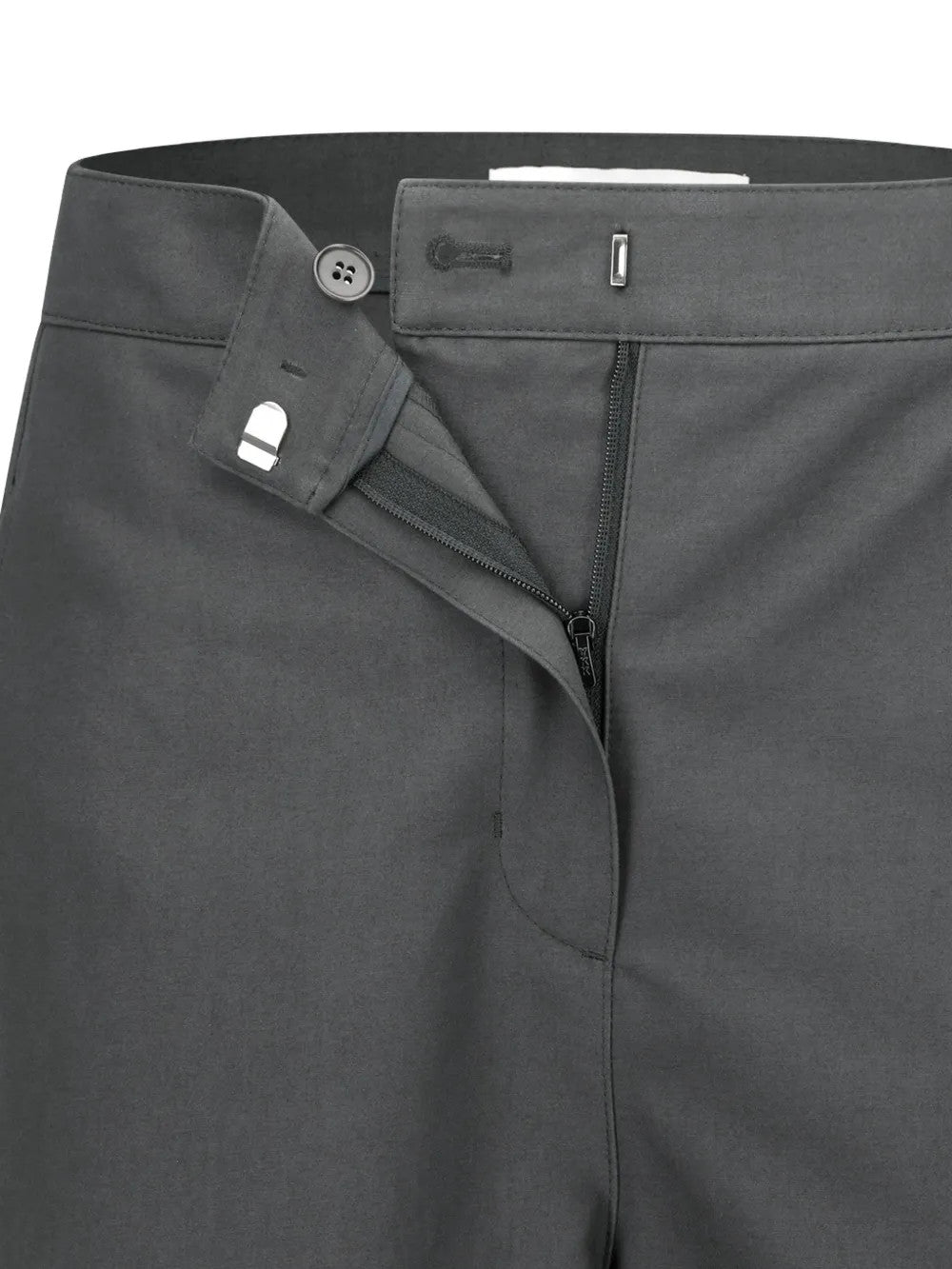 Close up of Grey pants, showing texture of the 100% cotton fabric