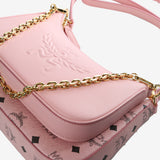 Close up of pink bag, showing texture of the fabric