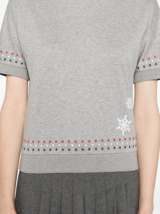 Grey t-shirt worn by a person, showing the t-shirt's fit