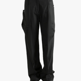 Black pants worn by a person, showing the straight fit