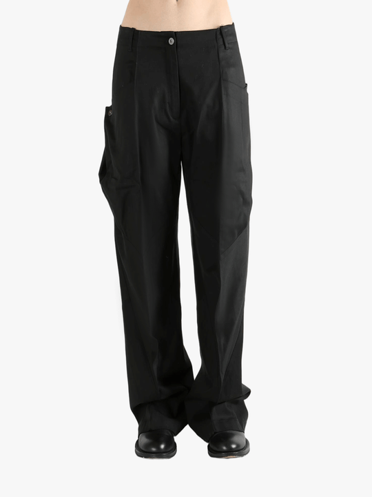 Black pants worn by a person, showing the straight fit