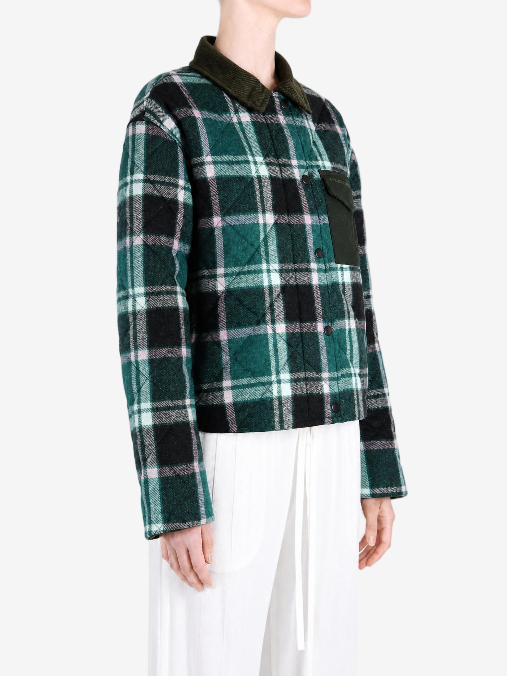 Green jacket worn by a person, showing the jacket fit