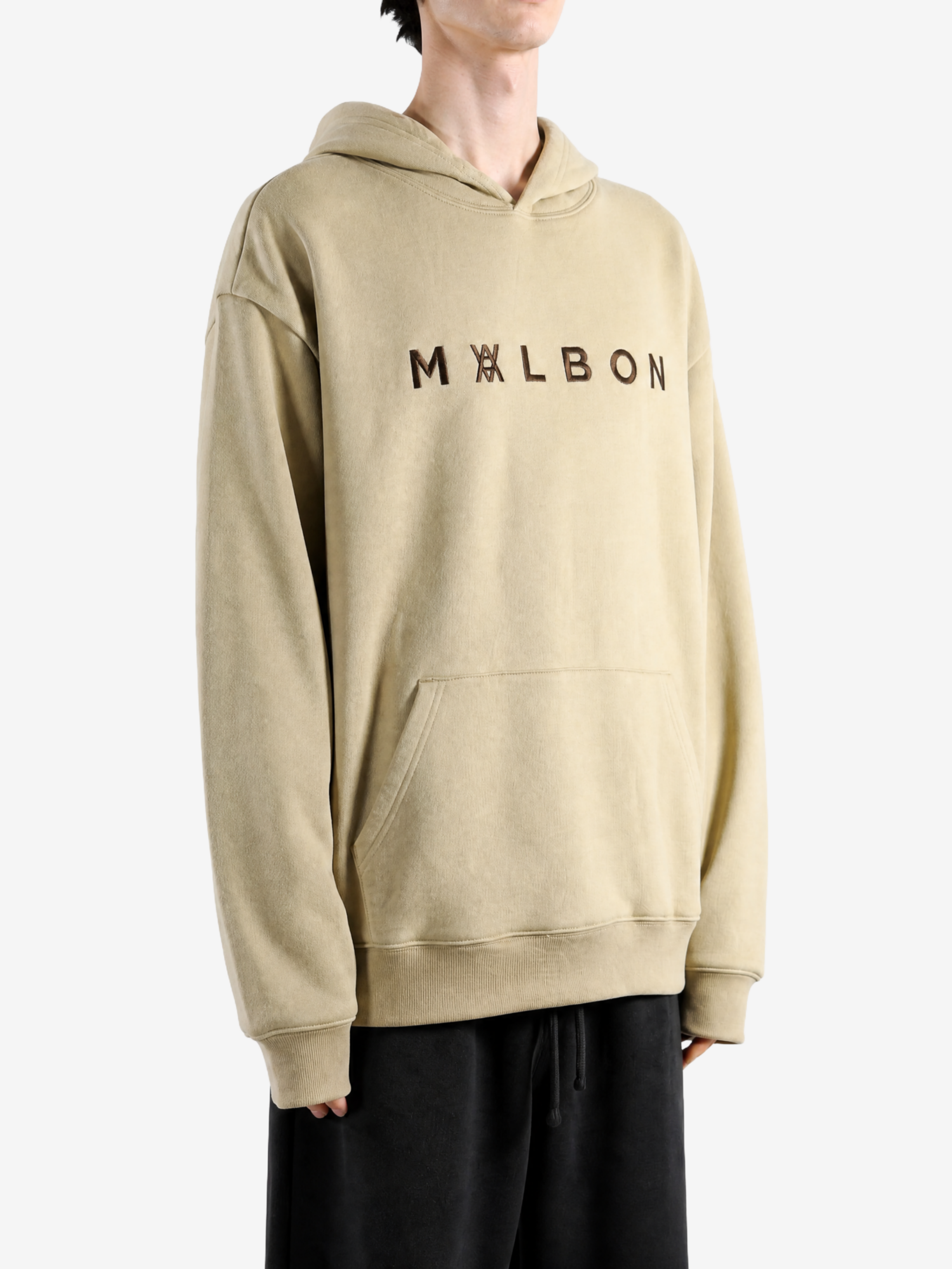 Tan hoodie, full body view