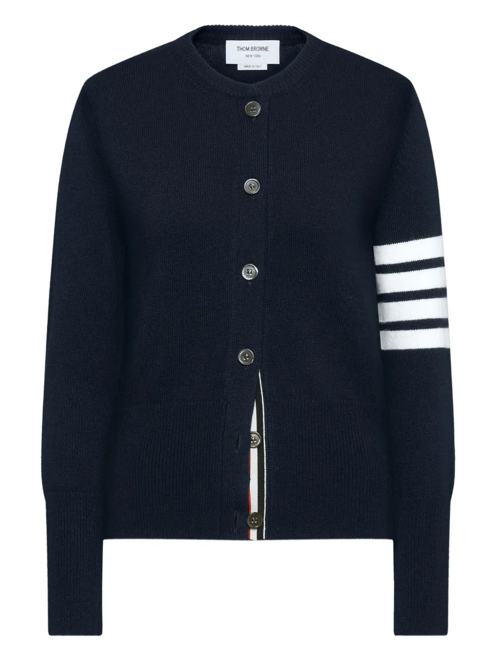 Navy cardigan, front view