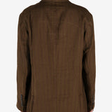 Brown jacket worn by a person, showing the jacket's fit