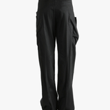 Black pants worn by a person, showing the straight fit