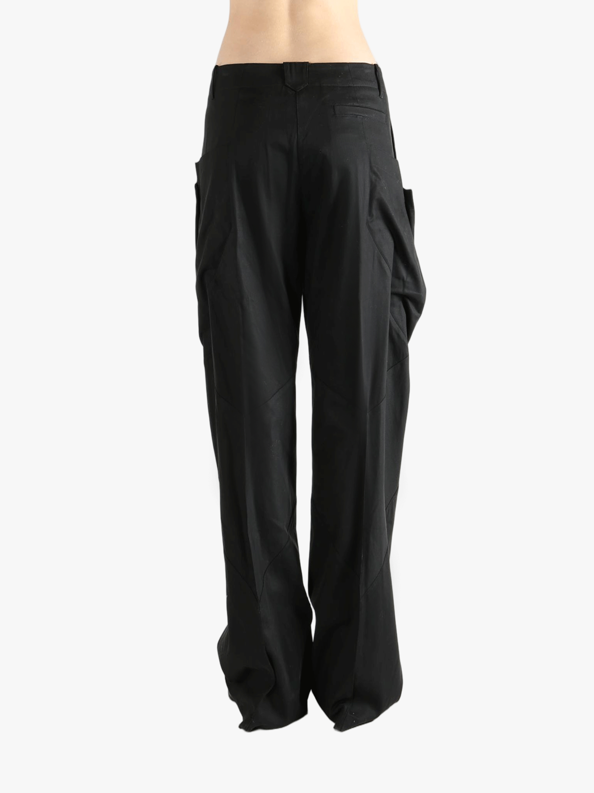 Black pants worn by a person, showing the straight fit