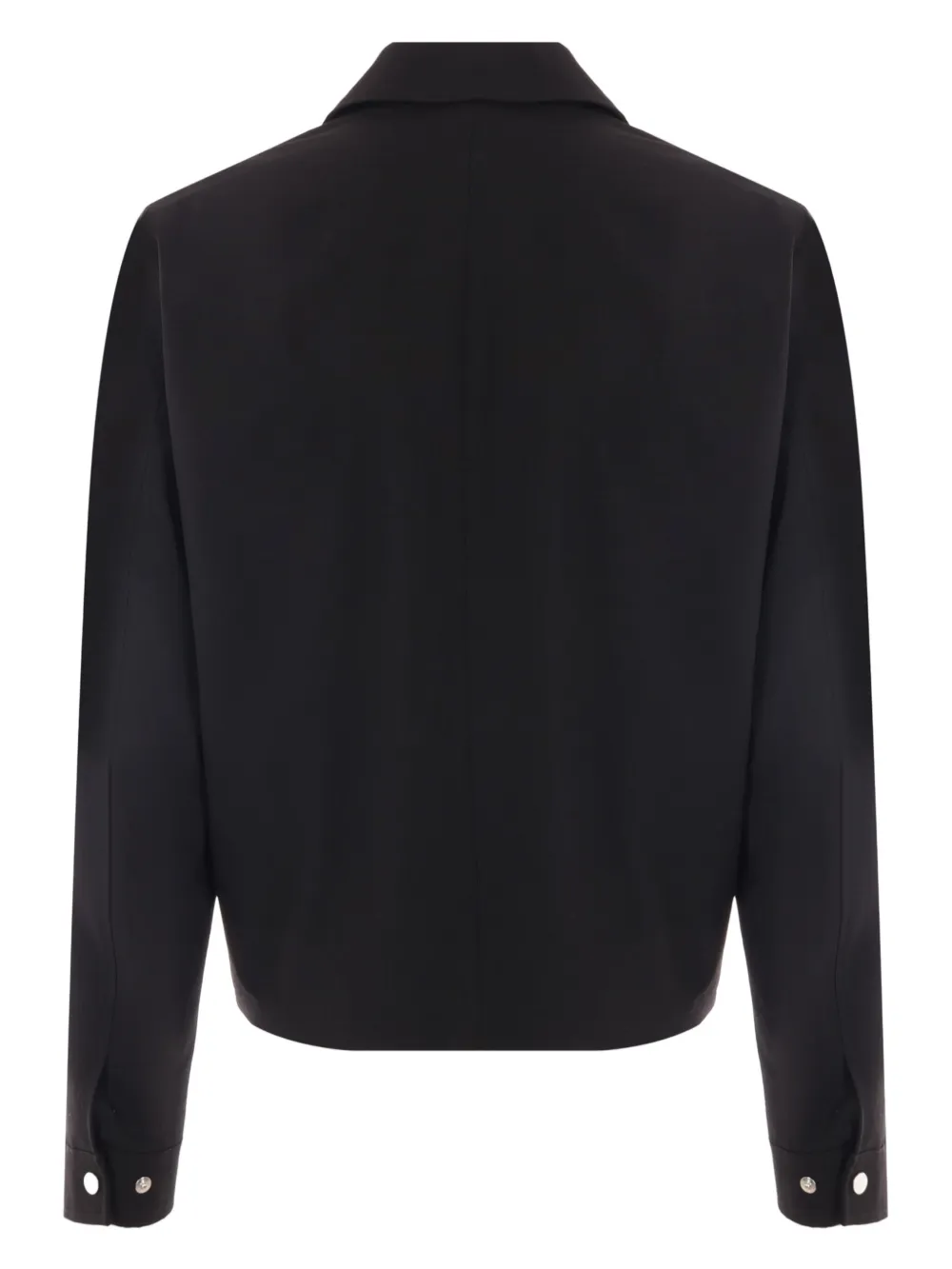 Black jacket, back view showing straight hem