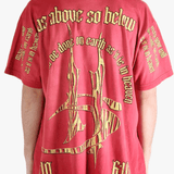Red t-shirts worn by a person, showing the t-shirts fit