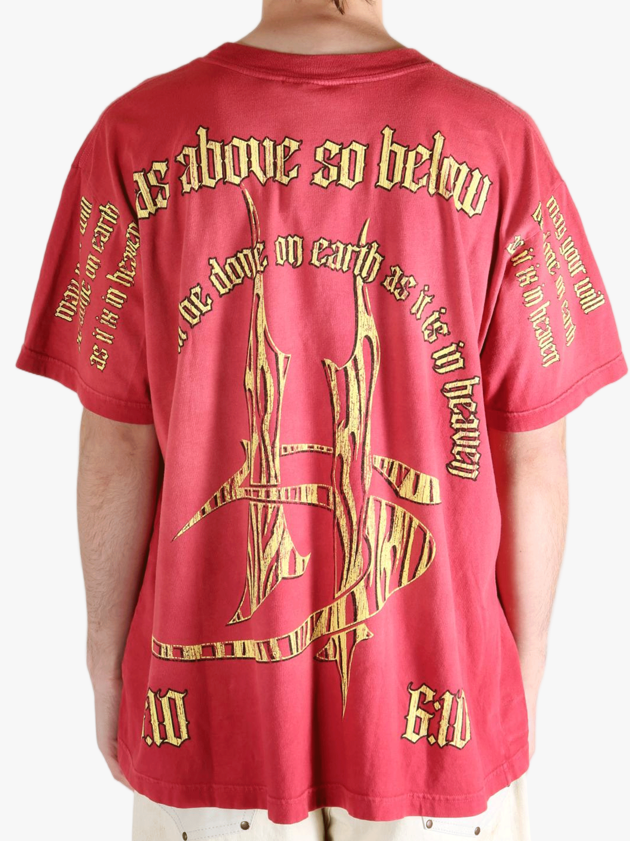 Red t-shirts worn by a person, showing the t-shirts fit