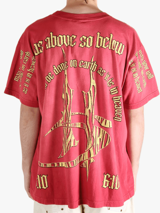 Red t-shirts worn by a person, showing the t-shirts fit
