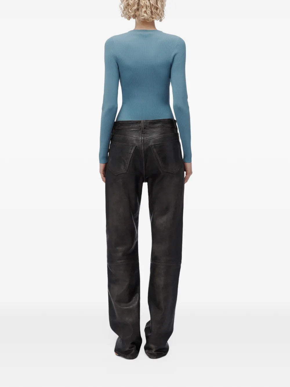 Blue top, full body view