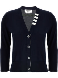 THOM BROWNE - Women Jersey Stitch 3/4 Sleeve  W/4 Bar Stripe V Neck Cardigan