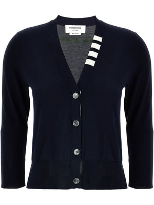 THOM BROWNE - Women Jersey Stitch 3/4 Sleeve  W/4 Bar Stripe V Neck Cardigan