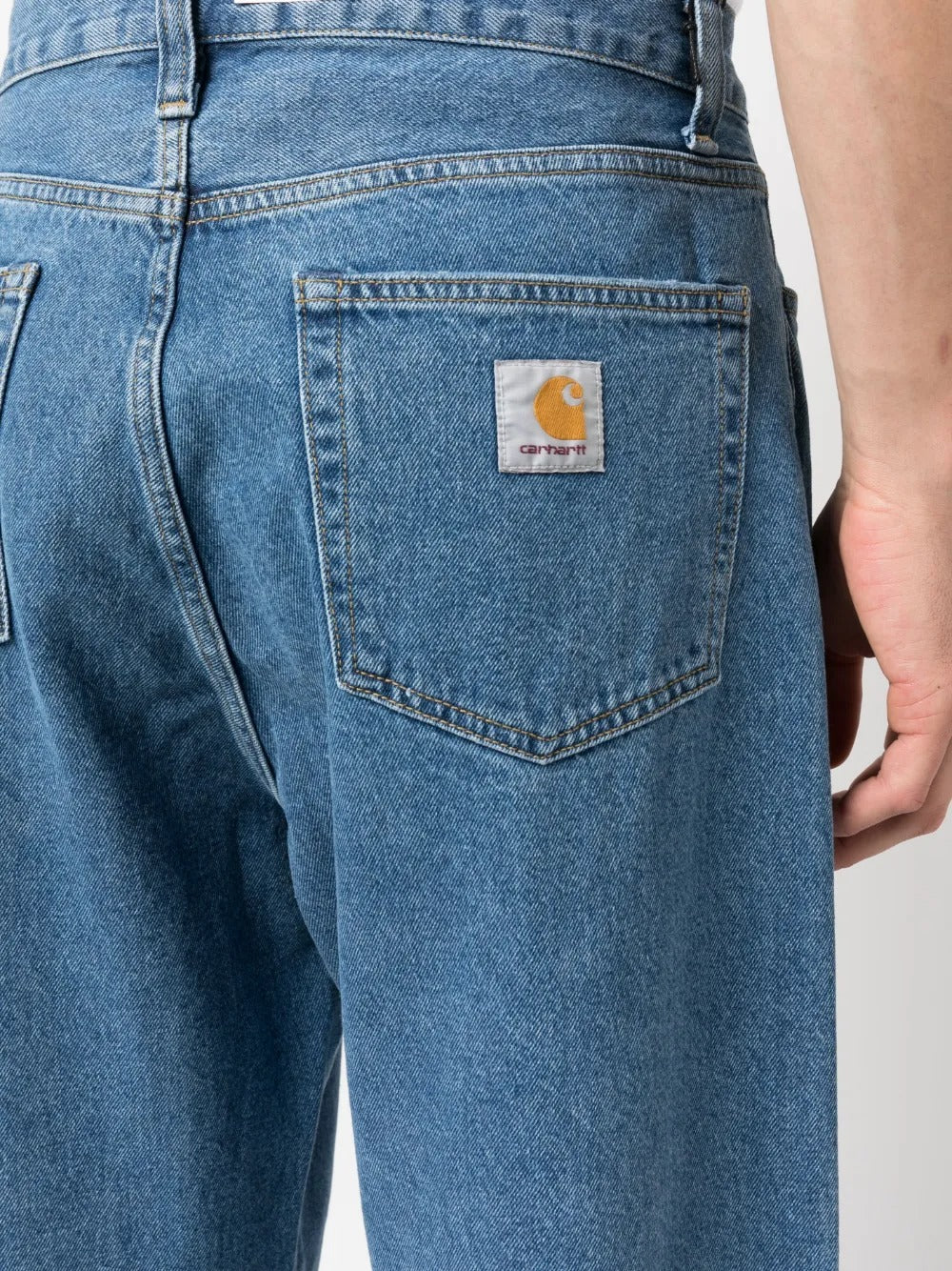 Close up of the blue jeans, showing texture of the cotton fabric
