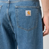 Close up of the blue jeans, showing texture of the cotton fabric