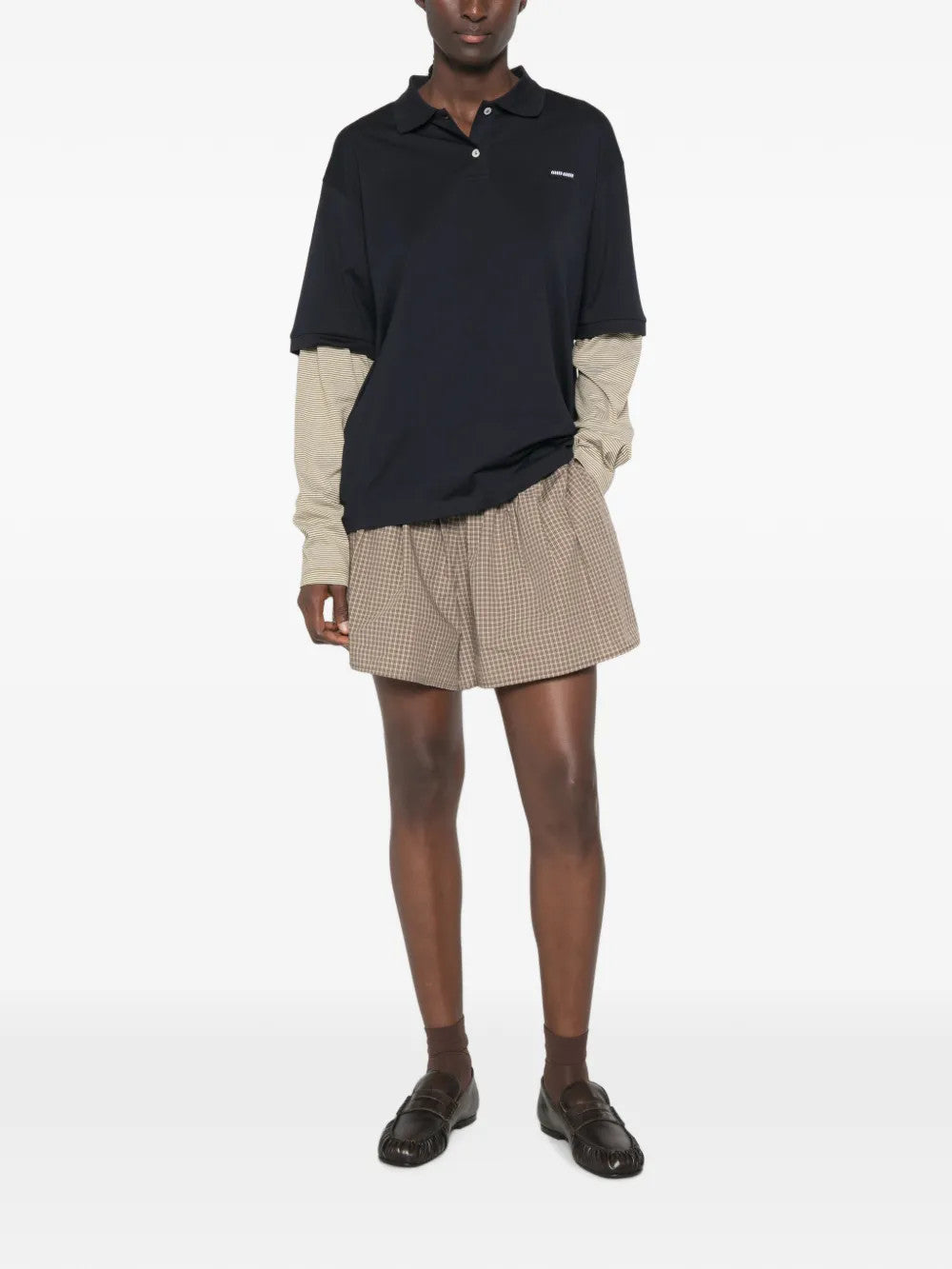 Navy shirt, full body view
