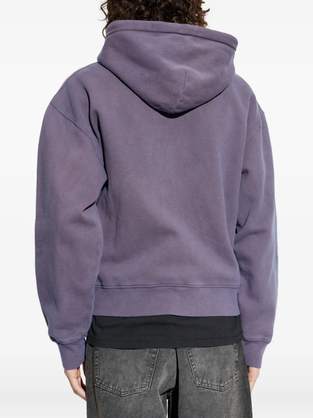 purple hoodie  worn by a person, showing the hoodie 's fit