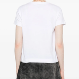 White t-shirt worn by a person, showing the t-shirt's fit