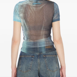 Blue t-shirt worn by a person, showing the shirt's fit