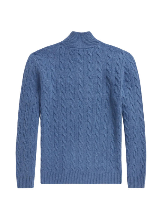 Blue knitwear, back view