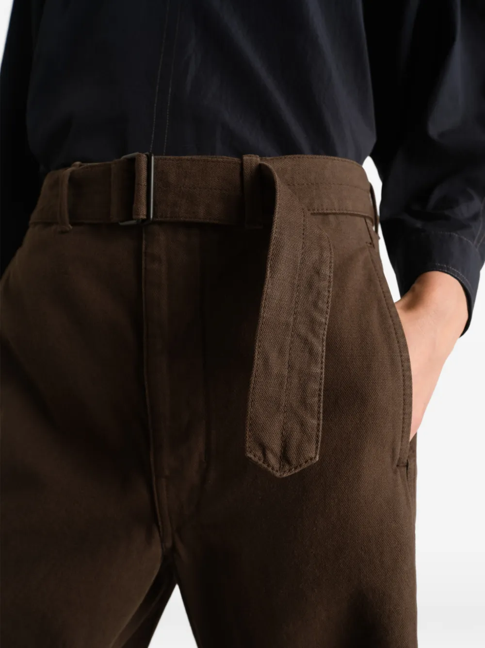 Close up of brown pants, showing texture of the Wool fabric