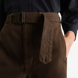 Close up of brown pants, showing texture of the Wool fabric