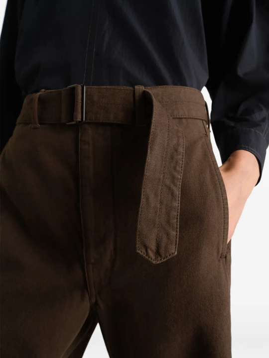 Close up of brown pants, showing texture of the Wool fabric