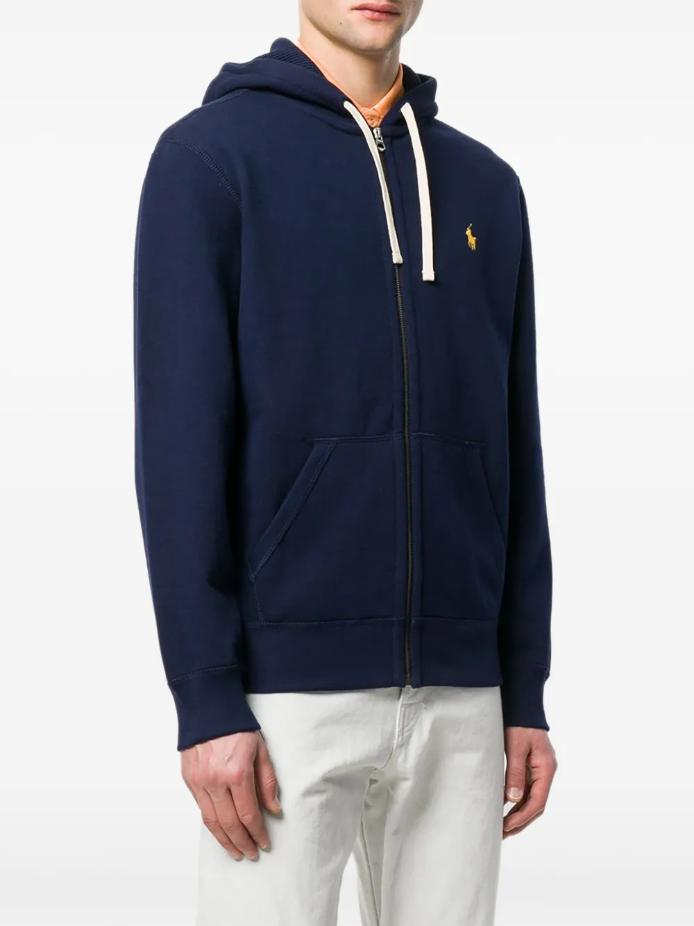 Blue hoodie worn by a person, showing the hoodie fit