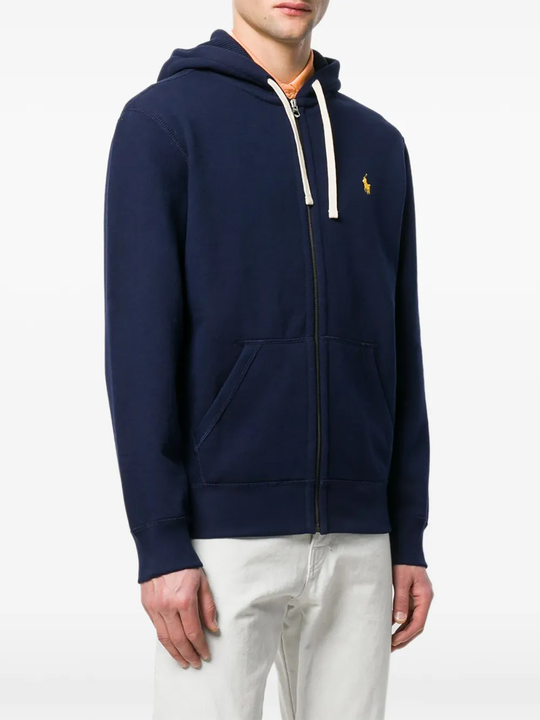 Blue hoodie worn by a person, showing the hoodie fit