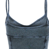 Close up of the blue top, showing texture of the cotton and elastane fabric